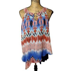 IZ Byer Womens Asymmetrical Sleeveless Top L Multi Layered Artisan Tie Dye Chic